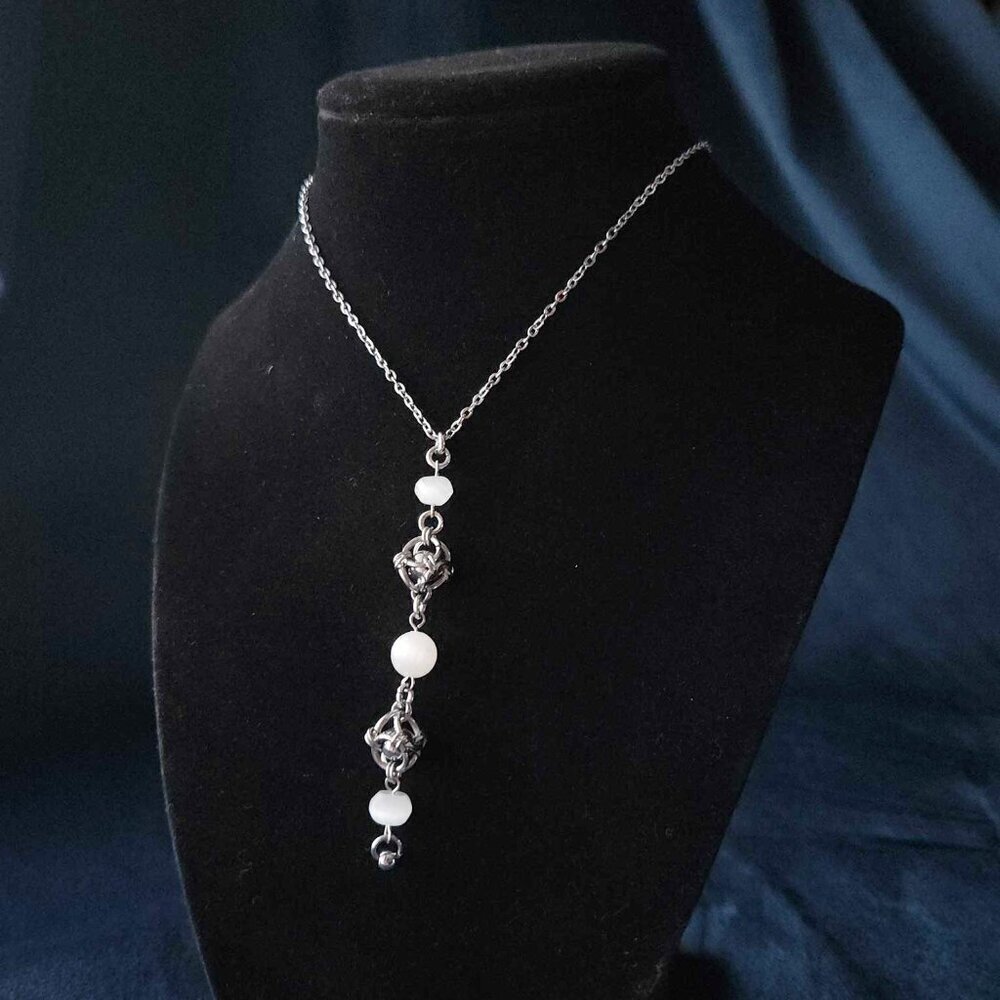 Gothic long Selenite and silver chain mail rosary necklace